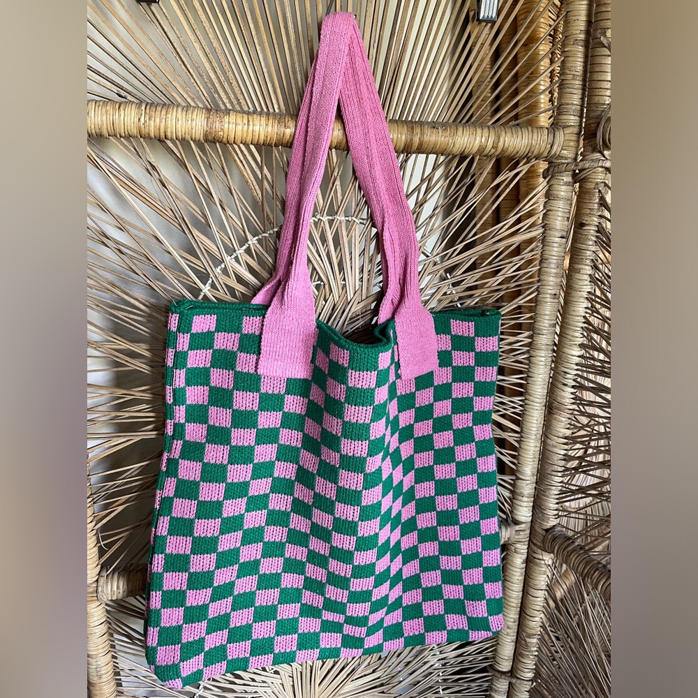 Checkerboard plaid sweater tote bag
